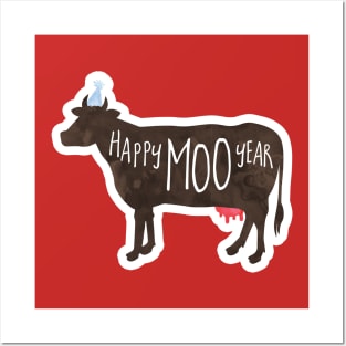 Happy Moo Year - New Year's funny, joke, pun, gift Posters and Art